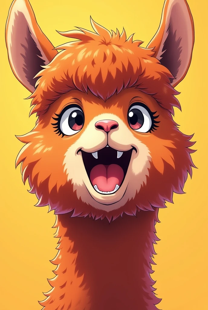 Red haired alpaca、very loud laugh、Manga Style、Close-up of only the face、The background color is light orange.、Create a cute image