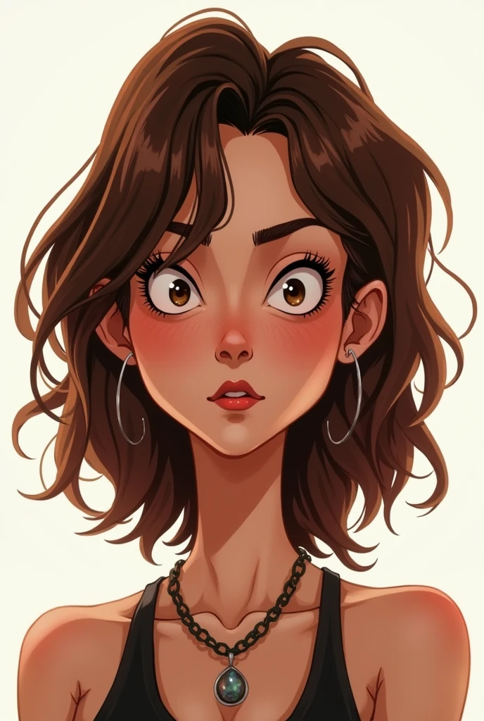 animated front woman with brown hair and tiny eyes with white background passport photo style without smiling