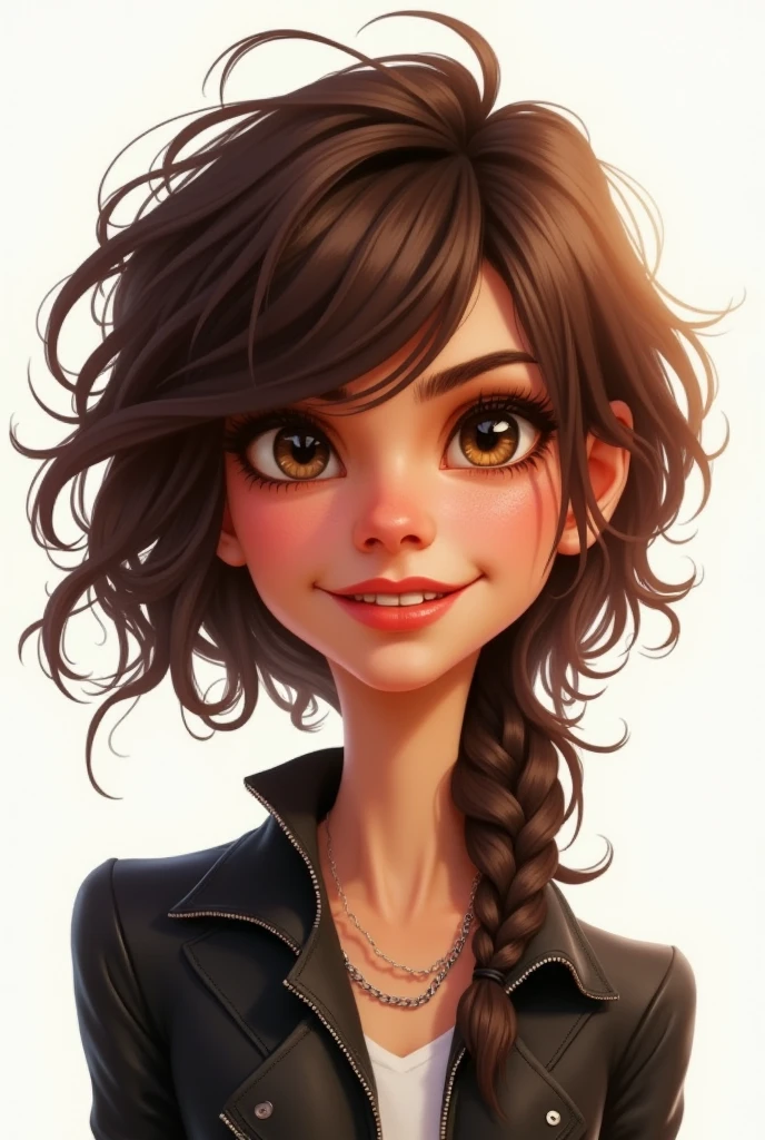 animated front woman with brown hair and tiny eyes with white background passport photo style without smiling