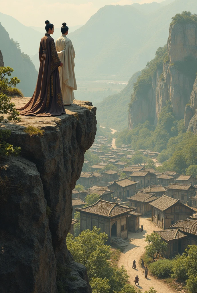 In the full Tang Dynasty era, a princess in dark brown dress in full official regalia stands with a man in elegant white dress on a high cliff above the village, looking down on the rural peasant village of Ban Lang, where the poor and destitute houses are in bad shape, the poor villagers are planting grapes in their backyards, the scenery of the road from the village to the capital is very realistic.