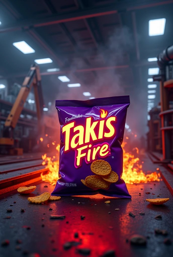 Create me a poster that says Takis fire and the stage is a factory, The sign that has the phosphorescent letters Very good, add the word fire too. Instead of fire, put fuego, that the packaging is purple and does not come out as is the frying