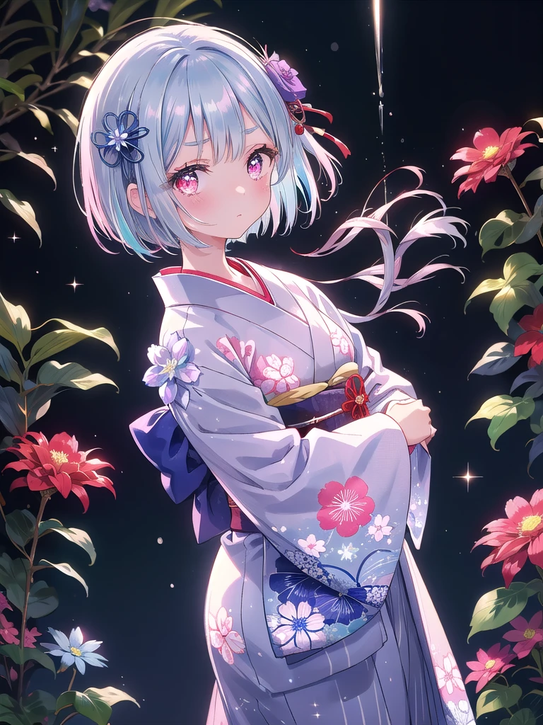 ((8k, Highest quality, masterpiece: 1.3)),Ultra-high resolution,(1 girl, alone), (Color changing eyes, Ultra-detailed, Expressive brilliance, Glitter, Glowing Eyes), Highly detailed eyes, Highly detailed face, Random Hair, ((pastel colour))Create an image of a cute anime girl with (light blue shoulder-length bob-cut hair), which has a natural shine and soft texture. Her bangs are gently parted to the sides, slightly above her eyebrows. She has large, vibrant pink eyes that are glossy and give a charming and slightly surprised look. Her expression is gentle, shy, and a little reserved. She is wearing a traditional Japanese yukata with a white base and pink and red floral patterns, accented with a subtly visible red obi at the neckline. A blue flower hairpin adorns the left side of her hair, adding a touch of elegance and cuteness. The background is set at night with a deep blue sky, creating a serene and magical atmosphere. Slight hints of traditional Japanese architecture are visible, enhancing the calm and evening ambiance around her.