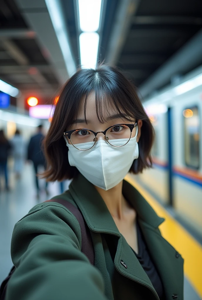 Korean girl with mask, glasses And short hair looking like an idol taking a selfie at the train station (first person)