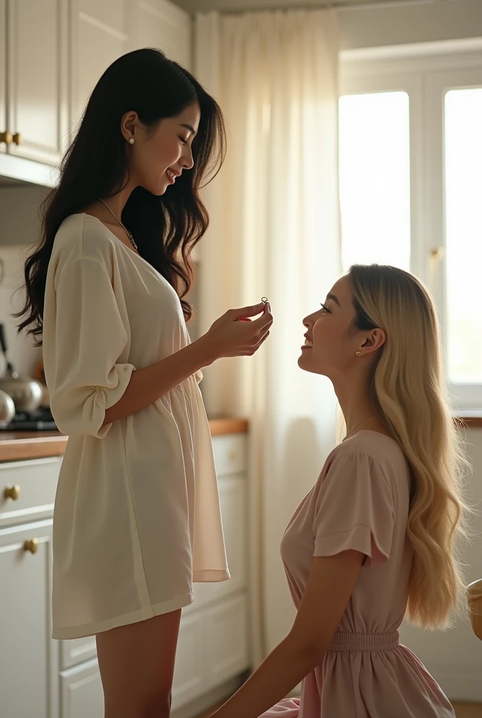 an asian woman with long black hair standing in front of another asian woman with long blonde hair kneeling proposing in a white kitchen realistic cinematic