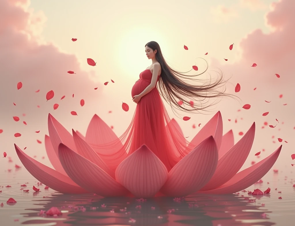ull length, black hair pregnant , woman watching in camera , full body font pose , both hand on belly ,red dress , Beautiful face, dress made of red rose petals, Light pink and light white tones, Esbian Full Body, beautiful backgrouond , daylight, Efeito de Luz, Minimalistic, Solar, pure tenderness, soft lighting, Realism. beautiful woman stand on a super giant lotus with double and long petals (petals made of thin, soft transparent,streaming, fabrics, full background of flowing petals, floating flower, super flying petals, Smoke effect, Fog, some water reflaciton mixed with petals), lotus dress, ((ss-through)) full length.