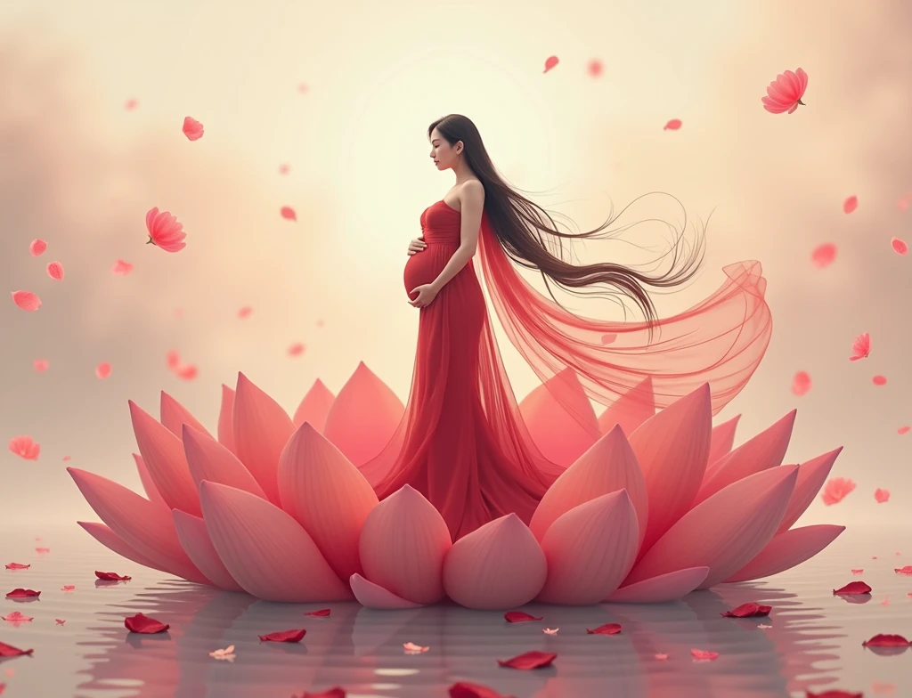 ull length, black hair pregnant , woman watching in camera , full body font pose , both hand on belly ,red dress , Beautiful face, dress made of red rose petals, Light pink and light white tones, Esbian Full Body, beautiful backgrouond , daylight, Efeito de Luz, Minimalistic, Solar, pure tenderness, soft lighting, Realism. beautiful woman stand on a super giant lotus with double and long petals (petals made of thin, soft transparent,streaming, fabrics, full background of flowing petals, floating flower, super flying petals, Smoke effect, Fog, some water reflaciton mixed with petals), lotus dress, ((ss-through)) full length.