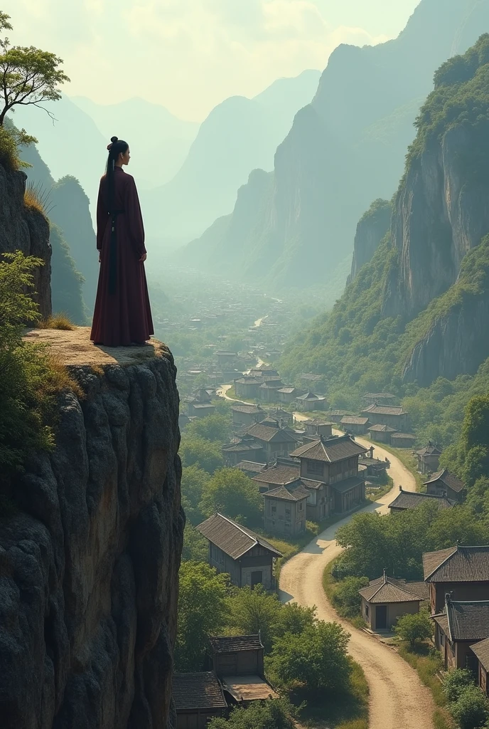 In the full Tang Dynasty era, a princess in dark brown dress in full official regalia stands with a man in elegant white dress on a high cliff above the village, looking down on the rural peasant village of Ban Lang, where the poor and destitute houses are in bad shape, the poor villagers are planting grapes in their backyards, the scenery of the road from the village to the capital is very realistic.