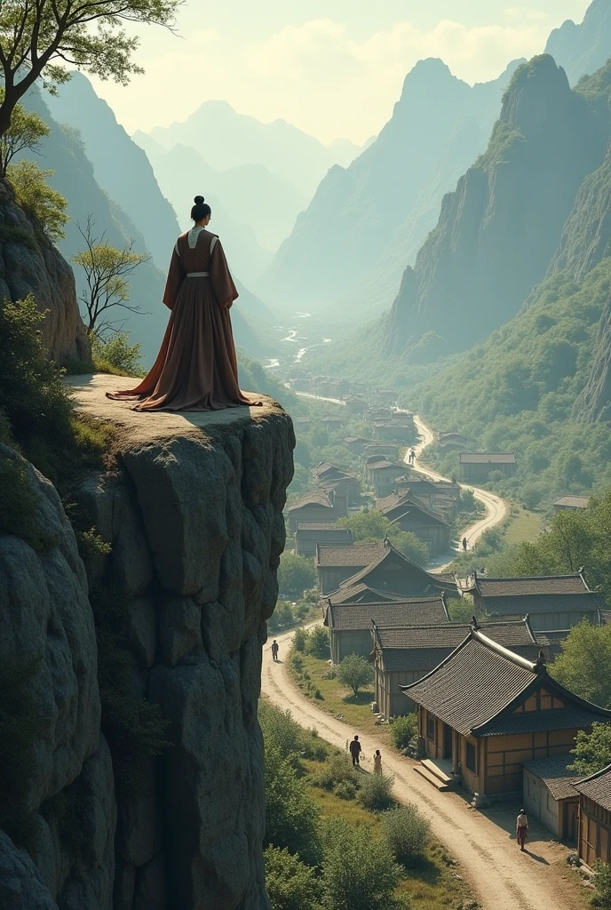 In the full Tang Dynasty era, a princess in dark brown dress in full official regalia stands with a man in elegant white dress on a high cliff above the village, looking down on the rural peasant village of Ban Lang, where the poor and destitute houses are in bad shape, the poor villagers are planting grapes in their backyards, the scenery of the road from the village to the capital is very realistic.