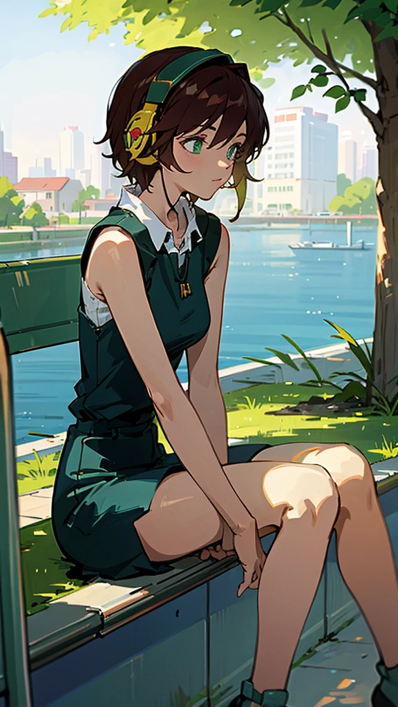 A beautiful girl with short hair, green eyes, and headphones, sitting on a bench in a sunny park