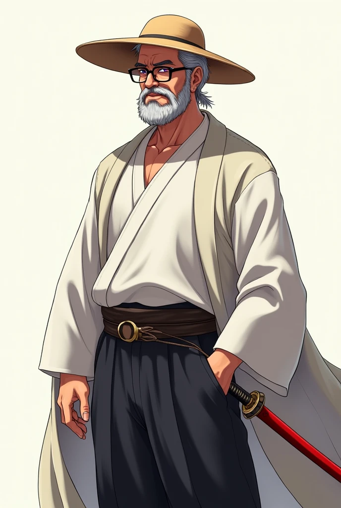 Japanese anime style, a middle-aged Japanese man with a strong stature, having a short beard and black lens glasses, purple eyes and gray hair, having a gentle expression and serene look, has clothes black pants and white dress shirt, carries a red katana at his waist, wearing a wanderer&#39;s cloak and a straw hat