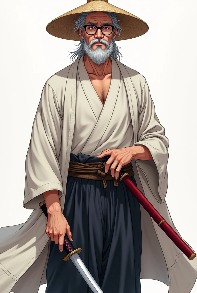 Japanese anime style, a middle-aged Japanese man with a strong stature, having a short beard and black lens glasses, purple eyes and gray hair, having a gentle expression and serene look, has clothes black pants and white dress shirt, carries a red katana at his waist, wearing a wanderer&#39;s cloak and a straw hat