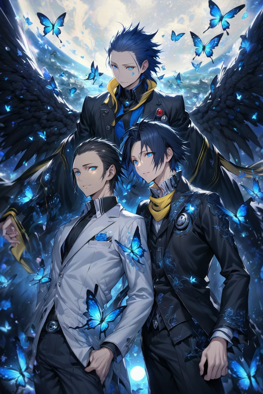 absurdres, highres, ultra detailed, HDR, masterpiece, extremely detailed face and eyes, perfect face, Mochizuki Ryouji, black hair, hair slicked back, expressive blue eyes, Persona 3, Yuki Makoto, dark blue hair, expressive blue eyes, two men together, handsome, mature man, adult face, white shirt, yellow scarf, black jacket, blue moon, blue butterflies, magical, fantasy, glittering, blue dust, black angel wings