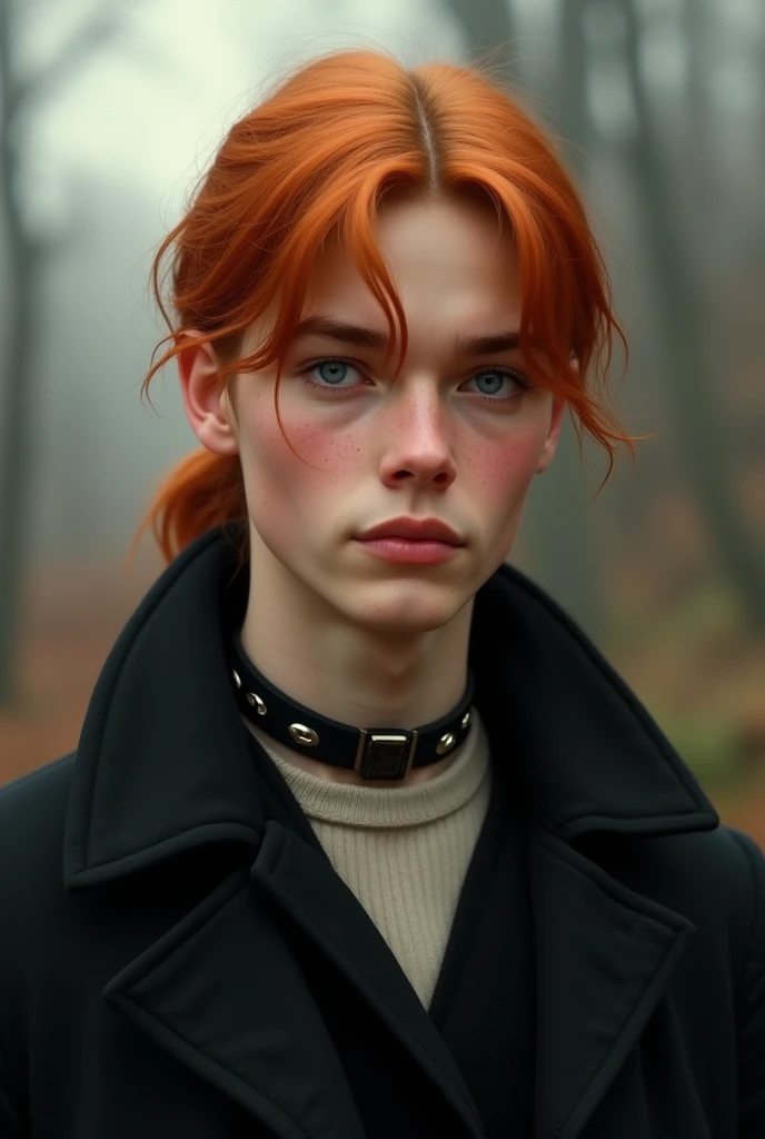 REAL LIFE, 1940s, Ginger young man, orange hair, low ponytail, bangs in the hair, straight hair, blue eyes, fox eyes, male, hes using a hat, real life,  realistic, MAN,  retrô, human, live action,  Black coat, hes using a choker/colar,  Full  body, HE IS A MAN, MALE, 