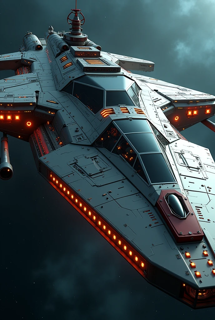 a very detailed and realistic terran starship, techpunk style, large glass windows on the bridge, massive cannons, highly detailed, intricate mechanical parts, glowing neon accents, dramatic lighting, metallic sheen, cinematic angle, hyper-realistic, 8k, masterpiece