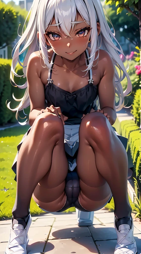 ((highly detailed,super detailed skin,highly detailed panties,highly detailed beautiful eyes,highly detailed beautiful face)),（dark skin,Silver Hair,Fox Girl）,(Perfectly detailed face),(Young) ,(camisole,mini skirt),(((m legs,))), (((Black underwear))),cameltoe,garden,noon,sweaty,Smirk,High resolution, masterpiece, Highest quality, High resolution