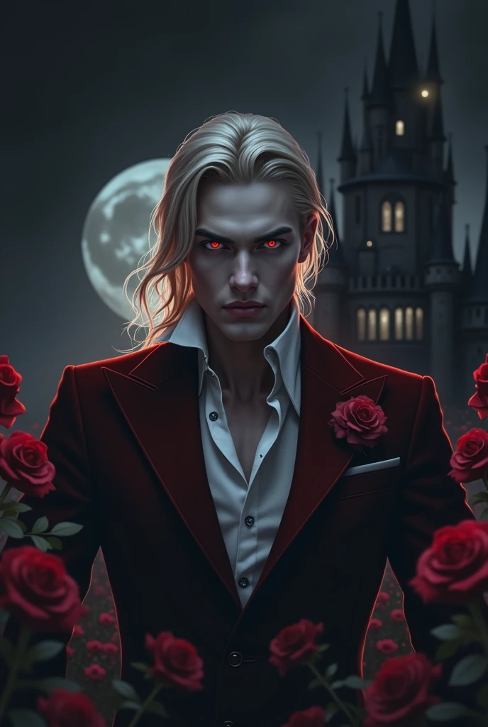 masterpiece, highest quality, (solo focus), (perfect face:1.1), (high detail:1.1), (hyper detailed eyes), dramatic, 1guy, (Pale skin), long blonde hair, (red irises), individual focus, Vampire, long hair, moon, night, Red luxury suit, pouty lips, castle, detailed background, art by artgerm, cinematic lighting, red roses, fashion