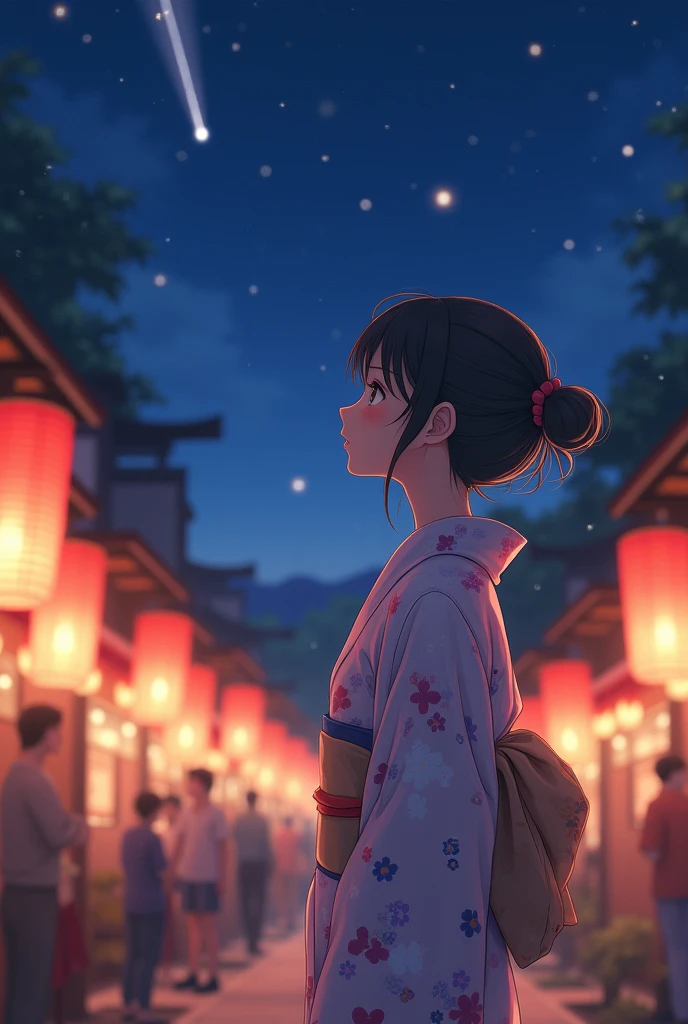 アニメ, girl sideways, romantic, tanabata, japanese summer festival, lamps, lampions, light, fullbody, natta, whole body to see, perspective, shooting star