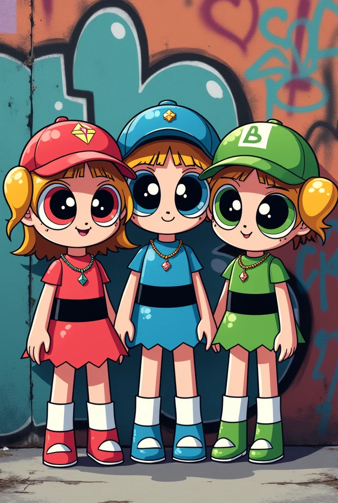 the powerpuff girls with juliets and with caps and necklaces, all in drawing with a graffitied wall in the background