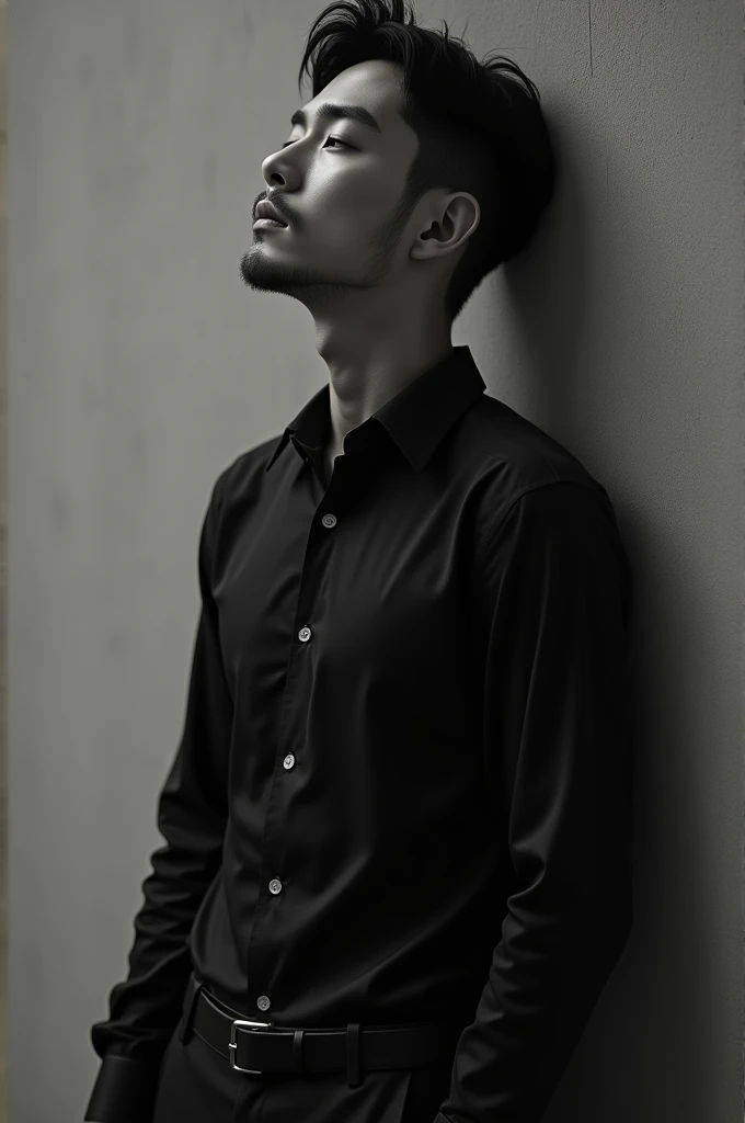 A white man in a black shirt leans against a wall., Official product pictures, Bad Ulzzang, long-sleeved shirts, Inspiration from Zhang Han, Inspired by Jeon Seok Lee, ( Black ivory ), black and white, long-sleeved shirt, Chai Sukun, 