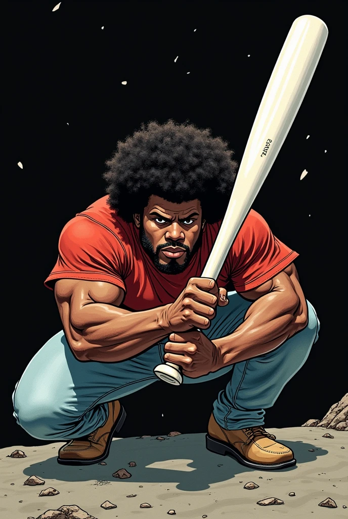 A drawing of a man like a comic book cover crouching with a black power hair holding a white bat pointing the bat at the screen