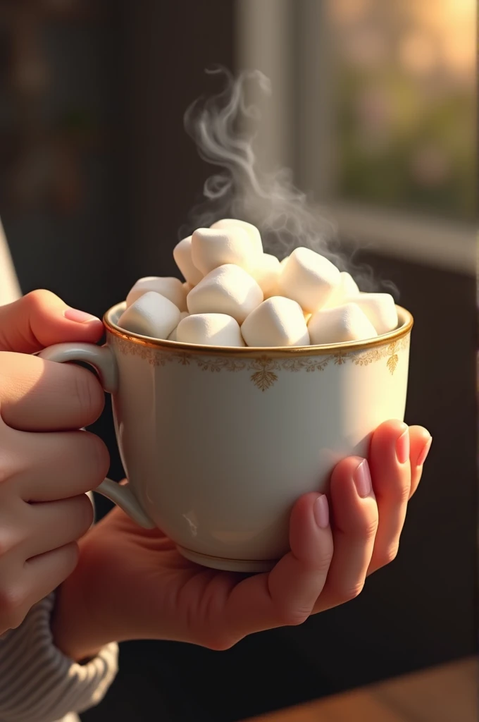 A hand holding a coffee cup filled with marshmallows