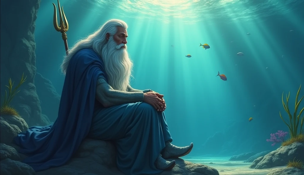 King Triton sitting on a rock at the bottom of the sea, head down and thoughtful