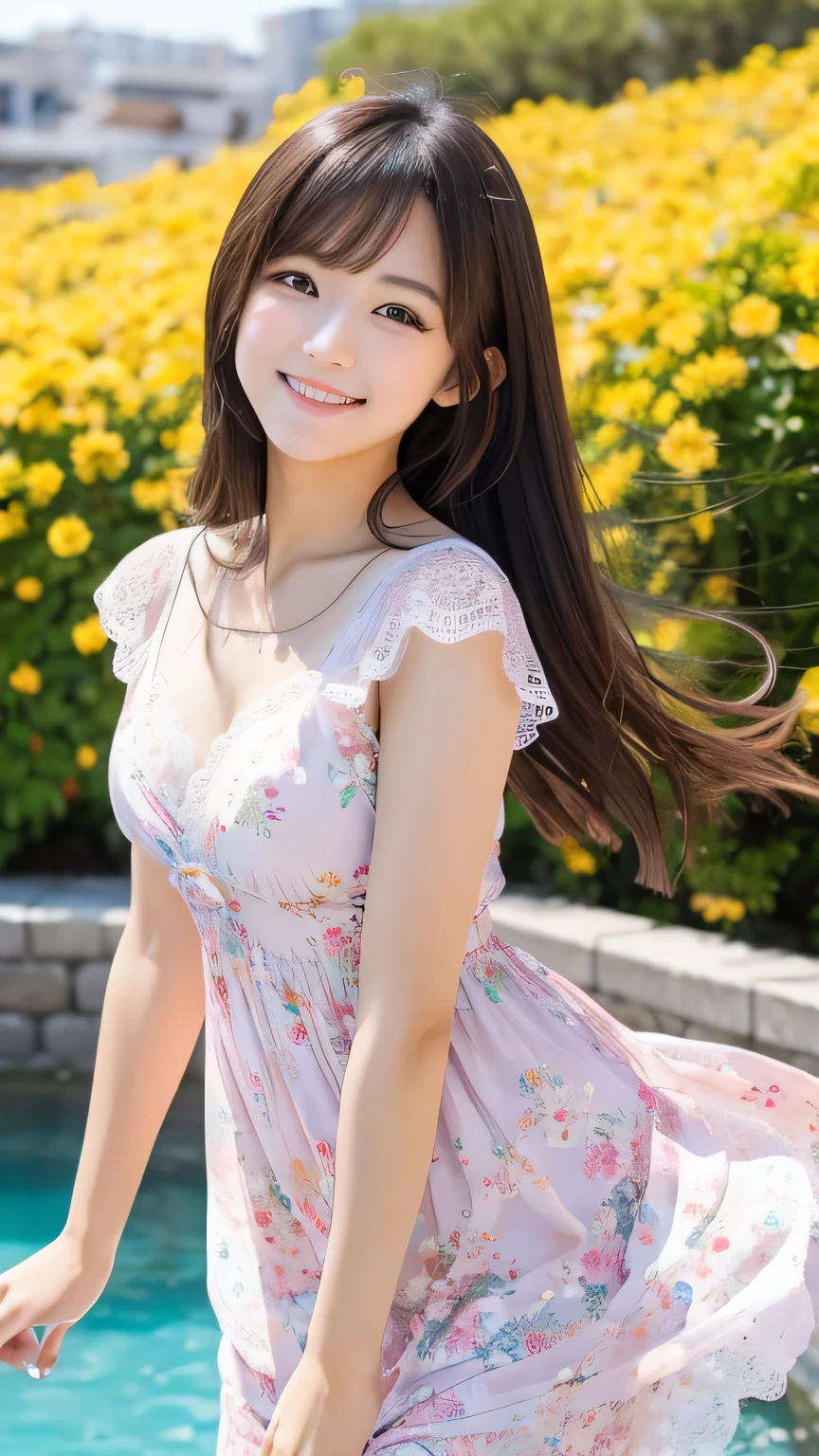 Japanese girl、Beautiful young woman with a charming smile, Wearing delicate clothes, Colorful lace camisole decorated with floral patterns. Bold Pose、whole body、She has been a long time, Flowing hair styled with accessories, Gives a cute and playful look. The background is a warm, soft blur., The dazzling sunlight of perpetual summer,Mediterranean cityscape with clear water and blue sky in the background、 Emphasizing her mysterious and captivating presence. 