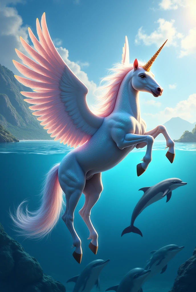 Make me a unicorn with dolphins with colors but the unicorn on top with wings