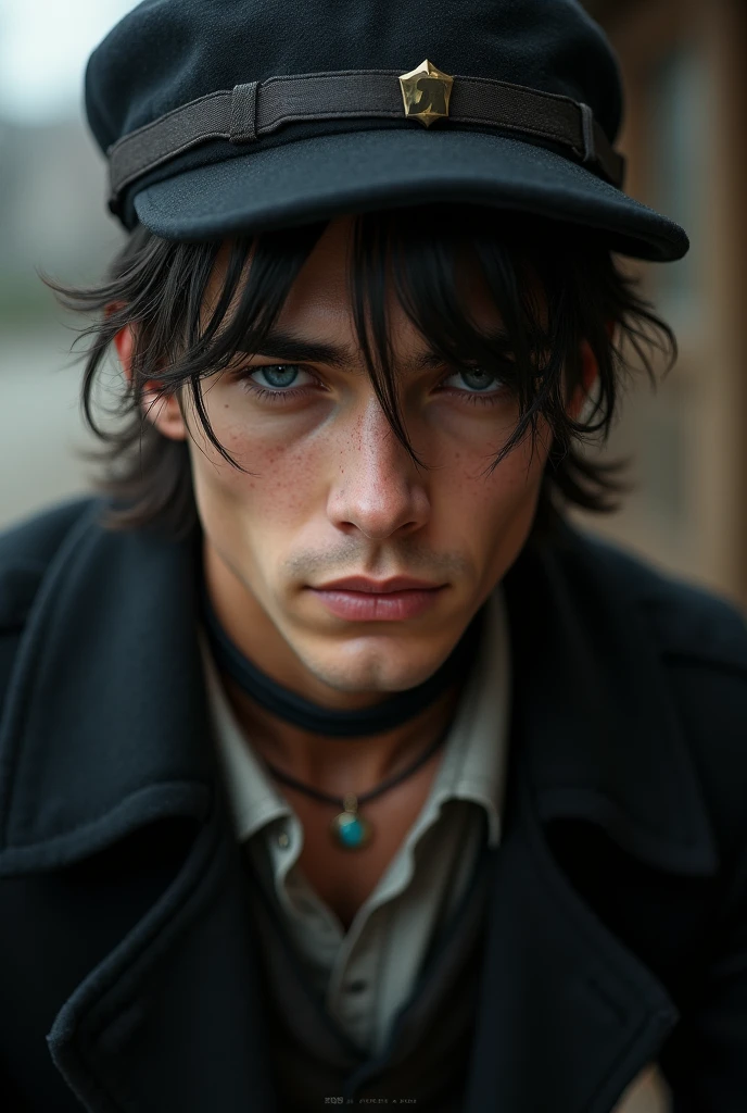 REAL LIFE, 1940s, young man, low ponytail, bangs in the hair, straight hair, blue eyes, fox eyes, male, hes using a hat, real life, realistic, MAN, retrô, human, live action, Black coat, hes using a choker/colar, Full body, HE IS A MAN, MALE,