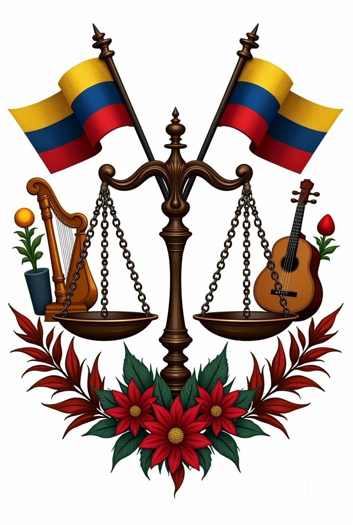 A logo of the Folklorist Lawyers of Venezuela with the flag of Venezuela on both sides, with the harp, Four and maracas from Venezuela and the scale of lawyers
