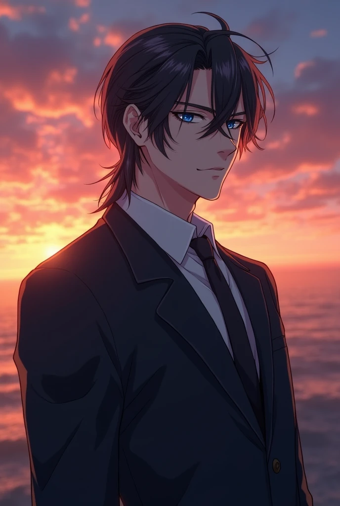 anime character, masculine, 1.87 height, dull crystal blue eye color, cold expression, wearing a suit and looking forward, very realistic, Medium long, slicked back dark honey colored hair, background behind him a beautiful sunset, Your fractions should have a slight feminine touch, that can be seen from the waist up and that is physically strong