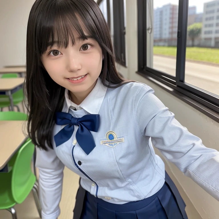 A young girl in a school uniform is standing inside a classroom, smiling warmly as she looks towards the viewer. The classroom is well-lit with large windows allowing natural light to stream in. The girl has neatly styled hair, and she is wearing a traditional Japanese school uniform with a pleated skirt and a sailor collar. Desks and chairs are arranged neatly in rows, and a chalkboard with some writing is visible in the background. The overall atmosphere is bright and welcoming, evoking a sense of calm and friendliness.