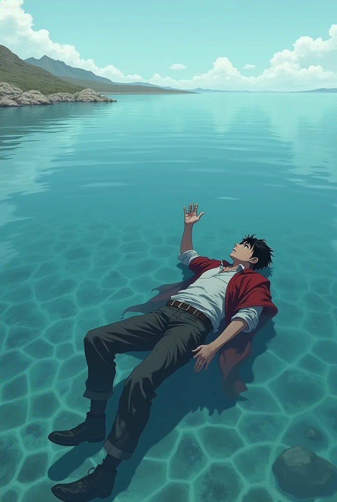 The image is anime style cowboy bebop and Darker than black with shadows and dim lights, anime style although somewhat adult and dark, It shows a desolate sea landscape with crystal-clear water and a transparent and very sparse ocean floor., the bottom of that ocean, It is less than a meter deep, In the background, from the ocean, A single 2 man was found lying down wearing old clothes with a red cape, black hair and black eyes, awake, looking up with his hand raised.