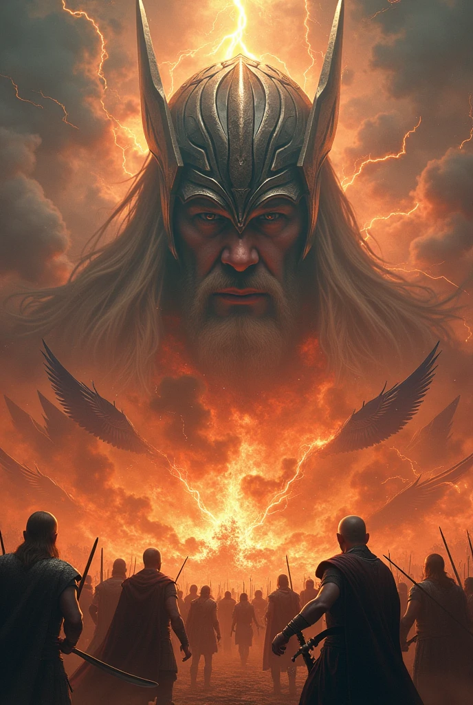 The kingdom of Asgard in flames, natta, lightning, thor's face with helmet in the clouds, Valkyrie warriors in the sky, viking warriors on the ground