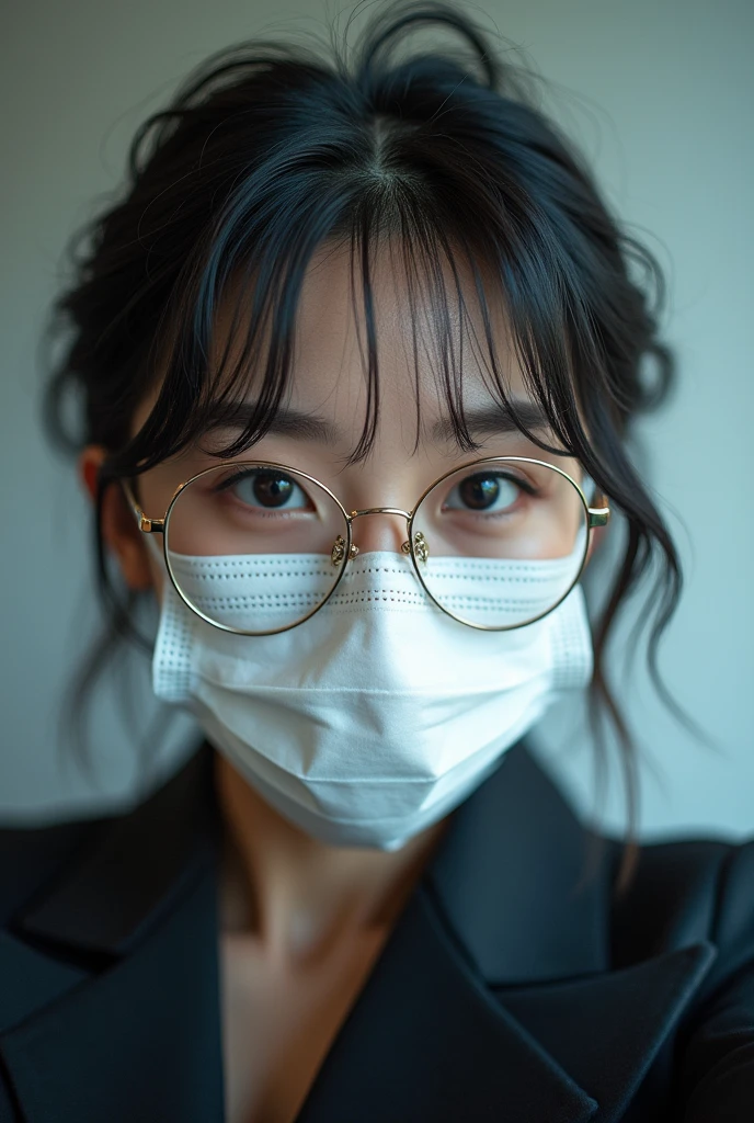 Korean girl with mask, glasses And short hair looking like an idol taking a selfie (in first person)