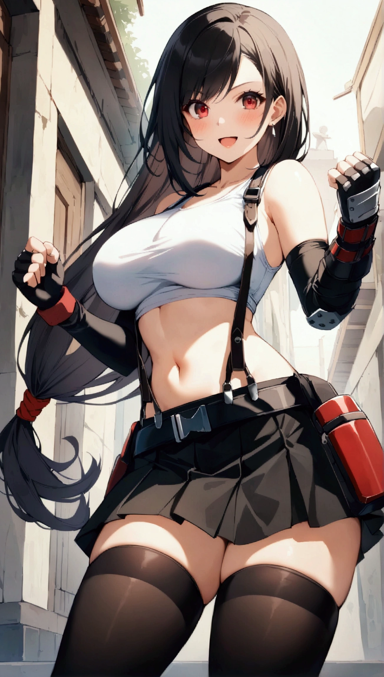 score_9, score_8_up, score_7_up,(best quality,masterpiece),ultra detailed,(aesthetic,very aesthetic),highly detailed),megami_magazine,official art,1girl, tifa lockhart, final fantasy, tareme,black hair, low-tied long hair, red eyes, bangs, white tank top, belt, pleated skirt, thighhighs, elbow fingerless gloves, elbow pads, midriff, navel,suspender skirt . ,(large_breasts:1.2),(perky breasts;1,2),(light smile),panties shot,,Solo,,(daytime and beachside and city),,professional lighting,cinematic lighting,fullbody,fighting pose,fighting stance,