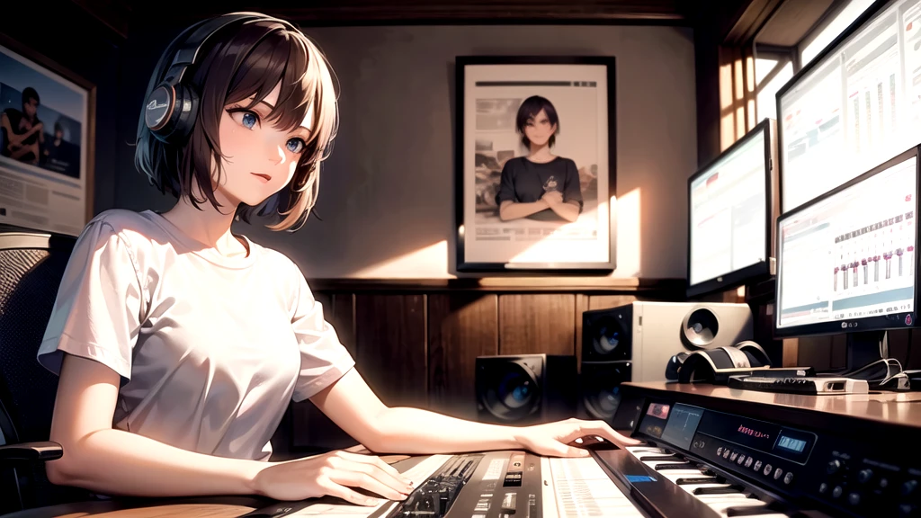 (Tabletop: 1.3, Highest Resolution, Highest quality, 8k, Realistic, Perfect detail), Perfect lighting, One girl(Ultramarine short bob high school girl,Blue eyes), alone, Girl making music on computer in home studio, Unreal Engine, Rembrandt, Quiet recording studio, With microphone and other vintage equipment, Add old-fashioned charm to isolated spaces, Framed poster of legendary rock musician on the wall, Detailed body, White T-shirt, Serious expression, (Sitting in front of an electronic piano:1.1), Wear headphones, Working with Computer Monitors, MIDI Pad Controller,Beautiful fingers,Detailed hands