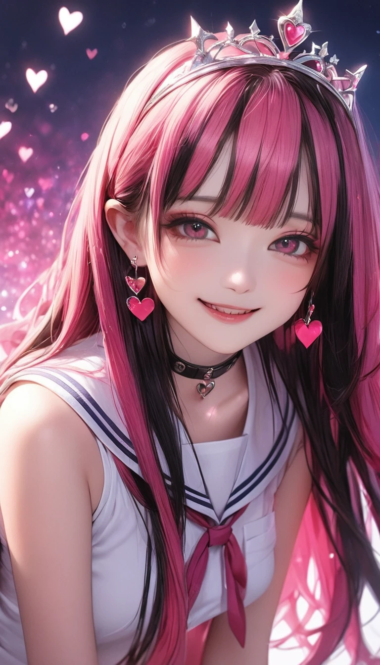 1girl, solo, (Black long and straight haired asian young woman with hot pink highlights with bangs on her hair, two colored hair, hair down, medium breasts, long haired emo girl, multicolored hair), makeup (black lipstick, purple eyeshadow), (hot pink and white sailor sleeveless school uniform, pleated miniskirt, tiara, earrings, choker, long silk gloves), holding wand, smile, hot pink dream like background of a night sky, stars and hearts, masterpiece, (best quality:1.1), 4k, uhd, highres