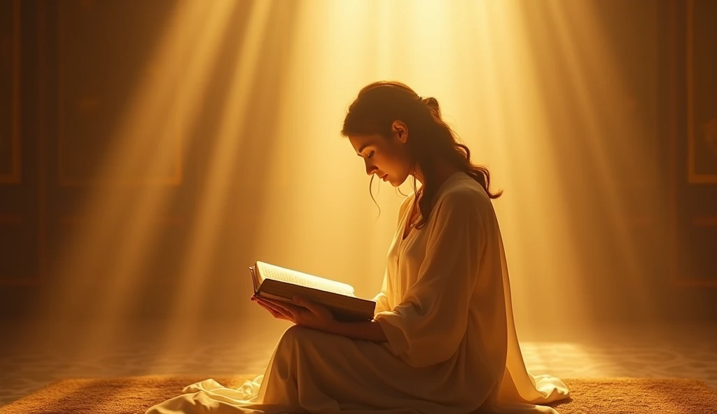 In an environment enveloped in golden tones and softly illuminated by a celestial light that seems to descend from the sky, a woman kneeling with an open Bible in her hands close to her face where it is illuminated by the soft light emanating from above. A pessoa, with a look of concentration and in a gesture of devotion and surrender