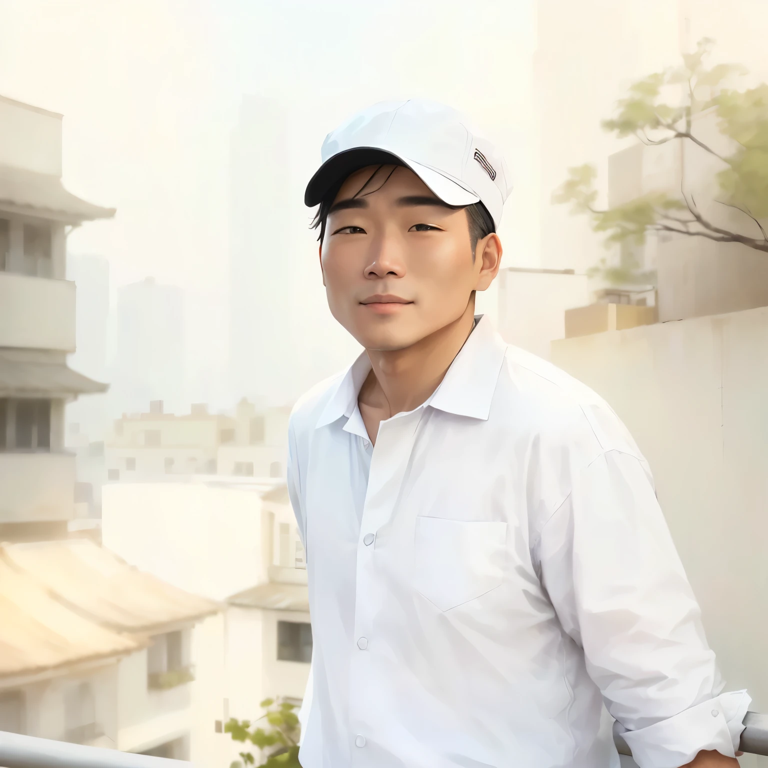 A man wearing a white shirt and cap、Standing on a balcony with buildings in the background, 