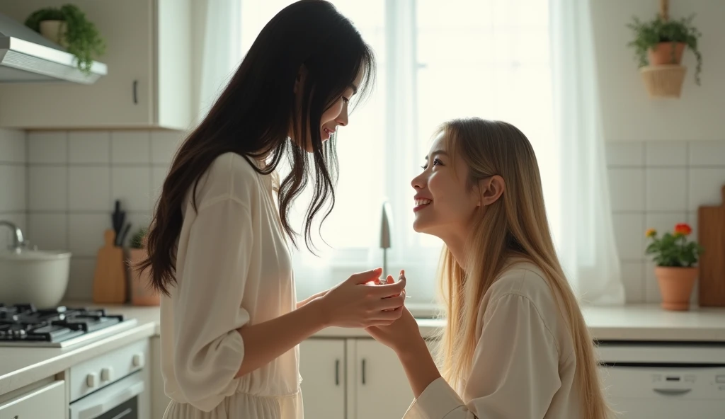an asian woman with long black hair standing in front of another asian woman with long blonde hair kneeling proposing in a white kitchen realistic cinematic