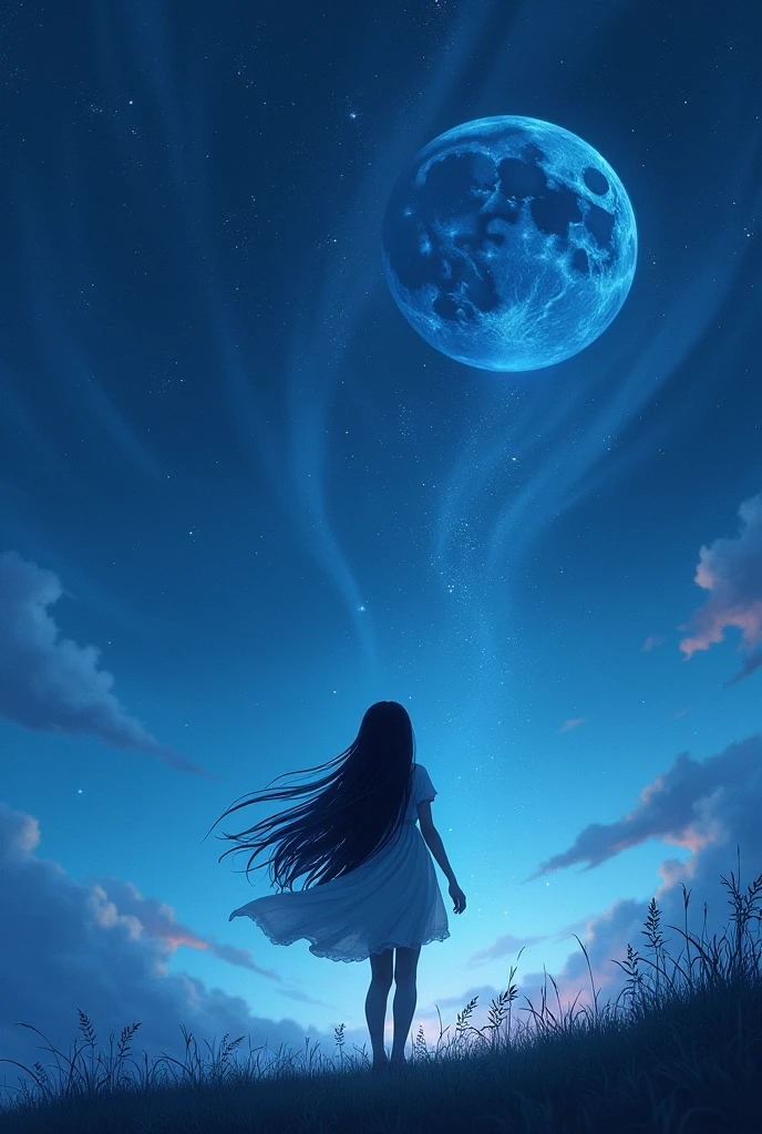 A young woman from behind with long black hair looking at a sky full of stars and a large moon.