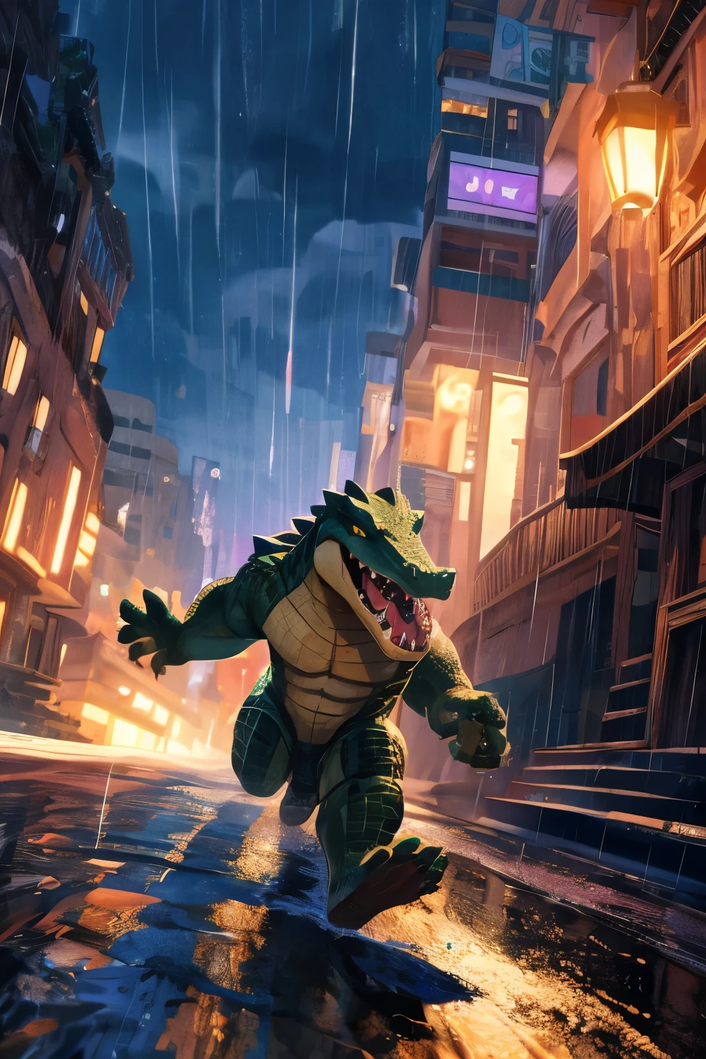 Photo of the crocodile prince running towards. Super wide angle and smooth lighting. Clear and bright colors with a rainy beach background.