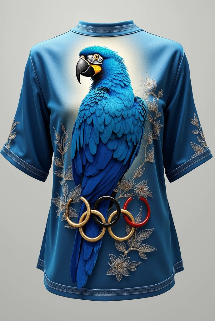 Create a Front and Back Half Sleeve Interclass Blouse (coasts) containing a blue macaw ,the Olympic rings and small silver details