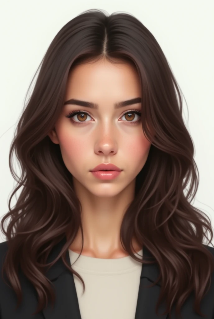 animated front view woman with brown hair and narrow nose on white background passport photo style not smiling 