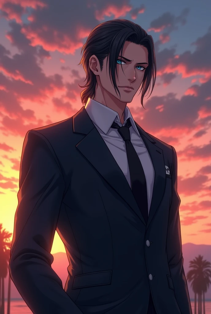 anime character, masculine, 1.87 height, dull crystal blue eye color, cold expression, wearing a suit and looking forward, very realistic, Medium long, slicked back dark honey colored hair, background behind him a beautiful sunset, Your fractions should have a slight feminine touch, that can be seen from the waist up and that is physically strong 