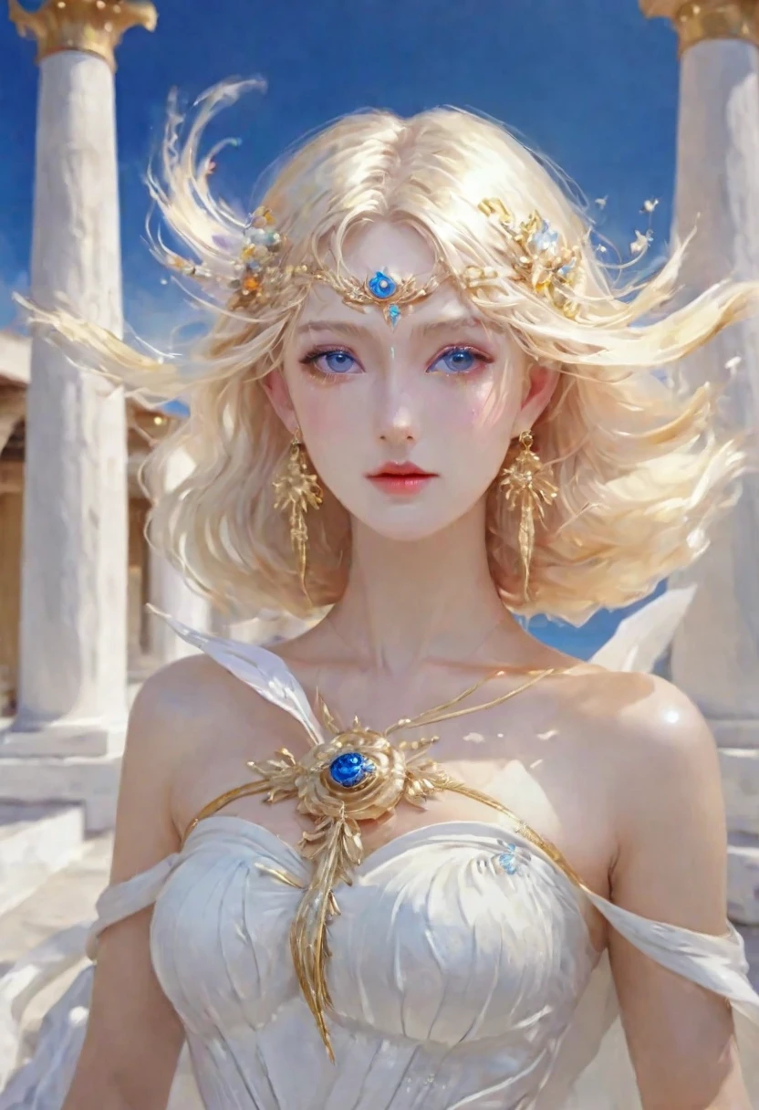 (Highest quality,Very detailed,High resolution,masterpiece,8k),Bright and vibrant colors,Official artwork,Greek white dress,Stylish makeup,Mid length, Shiny blonde hair blowing in the wind,Beautiful long, narrow eyes,Beautiful Blue Eyes,Glossy Lips,Beautiful woman with plump breasts,Beautiful neckline, Beautiful full body style,Holding,A beautiful and elegant smile,Old Greek temple,Rose flower,Detailed CG,