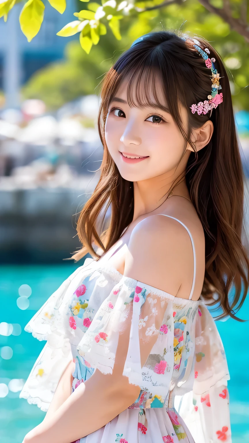 Japanese girl、Beautiful young woman with a charming smile, Wearing delicate clothes, Colorful lace camisole decorated with floral patterns. Bold Pose、whole body、She has been a long time, Flowing hair styled with accessories, Gives a cute and playful look. The background is a warm, soft blur., The dazzling sunlight of perpetual summer,Mediterranean cityscape with clear water and blue sky in the background、 Emphasizing her mysterious and captivating presence. 