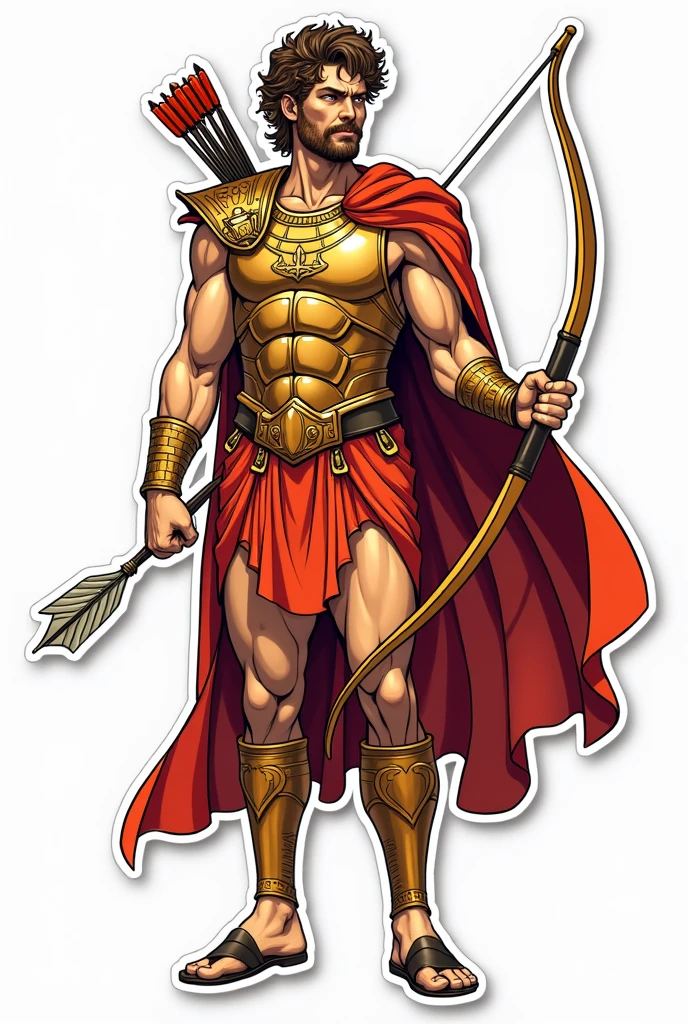 Apollo the god of sun wearing an armour and holding a bow and arrow and a lyre. Make him facing in front and his face a little fierce. No background, with bold outline, and sticker style. Make it just a half body. Make him holding the bow in his right hand, the lyre in his left hand, and the arrows at his back. Make the details a little simpler. Make him look like more "godlike" and wearing a cape. Where is the lyre?