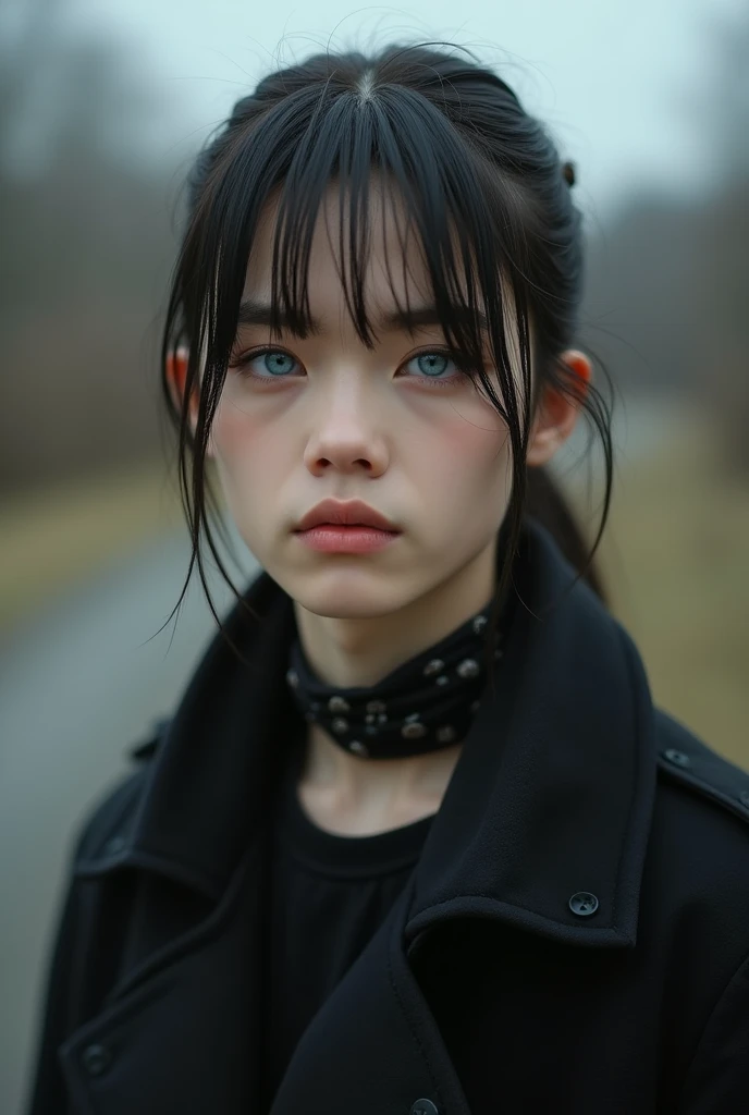 REAL LIFE, young man, low ponytail, bangs in the hair, straight hair, blue eyes, fox eyes, male, hes using a hat, real life,  realistic, MAN,  retrô, human, live action,  Black coat, hes using a choker/colar,  Full  body, HE IS A MAN, MALE, 